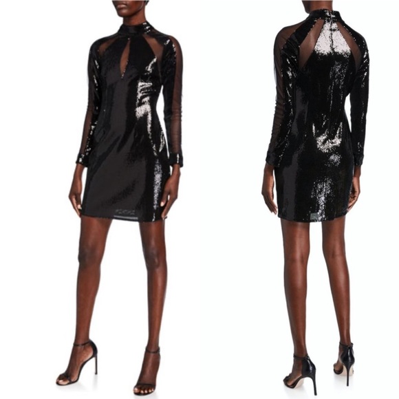 Aidan Mattox black sequin & mesh inset mock-neck long-sleeve mini dress, size XS - Picture 1 of 4